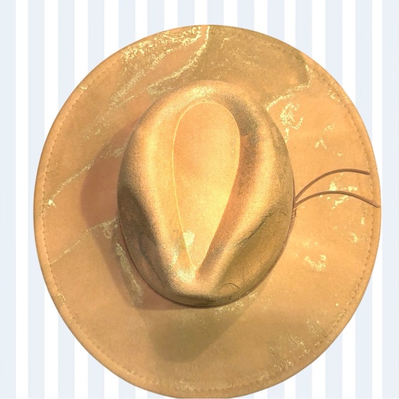 Tan &amp; Gold Metallic Swirl Wide Brim Fedora Hat
